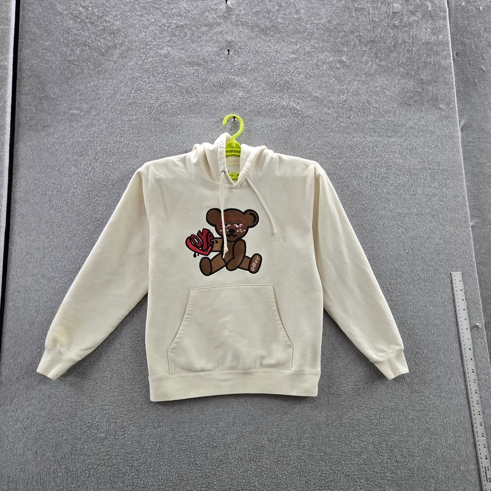 Obey Women Hoodie S Cream Graphic Fleece Mello Teddy Bear Logo READ